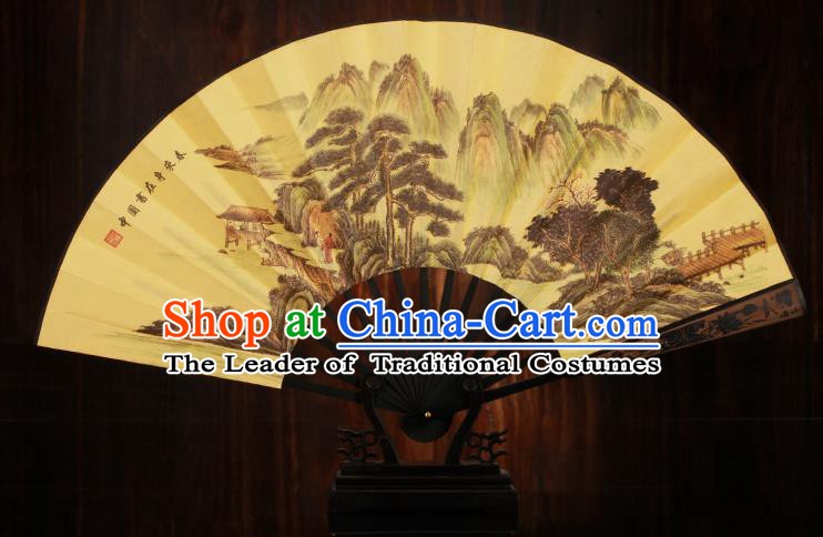 Traditional Chinese Crafts Printing Pineburst Folding Fan, China Sculpture Framework Silk Fans for Men