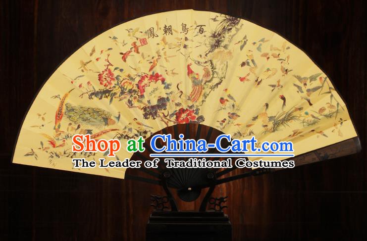 Traditional Chinese Crafts Printing Song of the Phoenix Folding Fan, China Sculpture Framework Silk Fans for Men