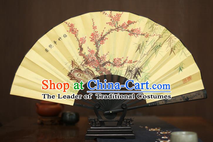 Traditional Chinese Crafts Printing Plum and Bamboo Folding Fan, China Sculpture Framework Silk Fans for Men