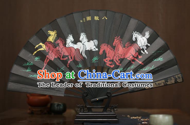 Traditional Chinese Crafts Printing Eight Horses Folding Fan, China Sculpture Framework Silk Fans for Men