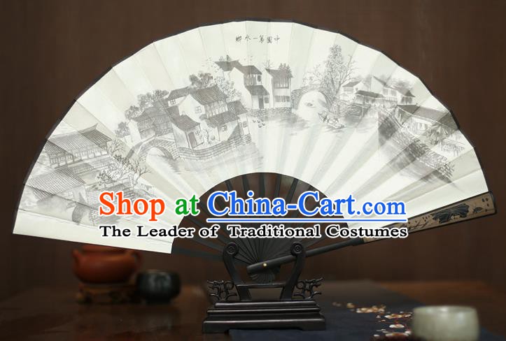 Traditional Chinese Crafts Printing Landscape White Folding Fan, China Sculpture Framework Silk Fans for Men