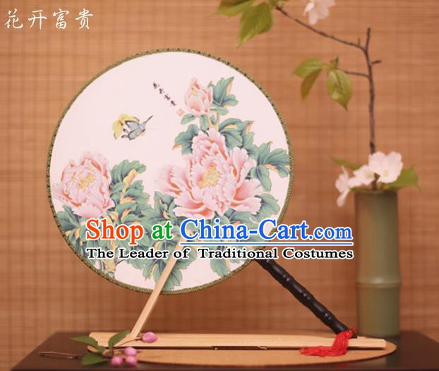 Traditional Chinese Crafts Printing Peony White Round Fan, China Palace Fans Princess Silk Circular Fans for Women