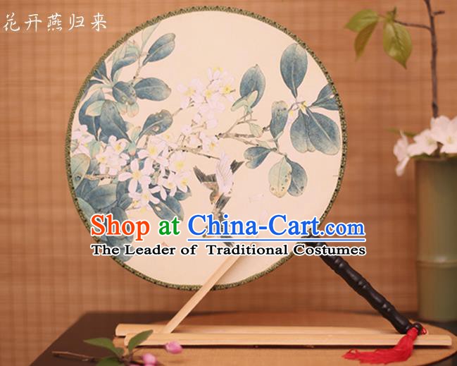 Traditional Chinese Crafts Printing Flowers White Round Fan, China Palace Fans Princess Silk Circular Fans for Women