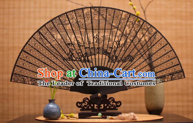 Traditional Chinese Crafts Ebony Folding Fan Carving Sandalwood Fans for Women