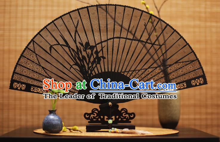 Traditional Chinese Crafts Ebony Folding Fan Carving Orchid Sandalwood Fans for Women