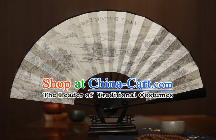 Traditional Chinese Crafts Printing Landscape White Folding Fan, China Sculpture Framework Silk Fans for Men