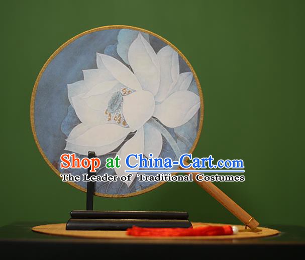 Traditional Chinese Crafts Painting Lotus Rosewood Round Fan, China Palace Fans Princess Silk Circular Fans for Women