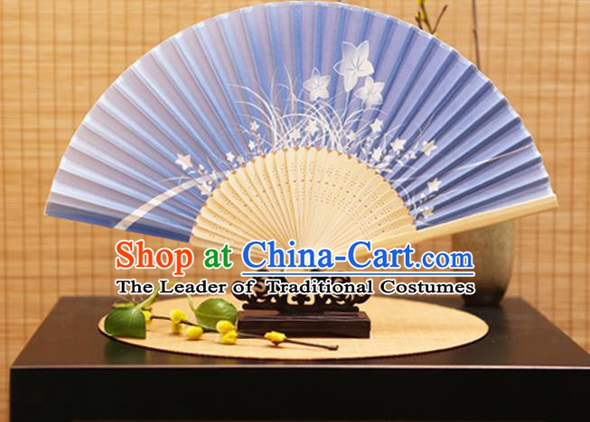 Traditional Chinese Crafts Folding Fans Printing Orchid Blue Silk Fan for Women