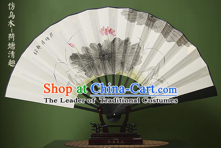 Traditional Chinese Crafts Ink Painting Lotus White Folding Fan Paper Fans for Women