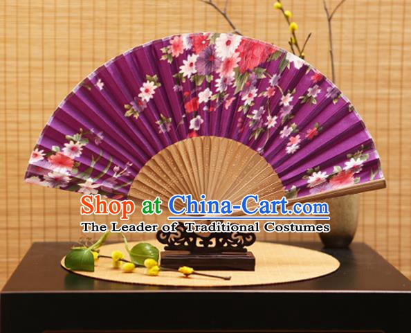 Traditional Chinese Crafts Folding Fans Printing Flowers Purple Silk Fan for Women