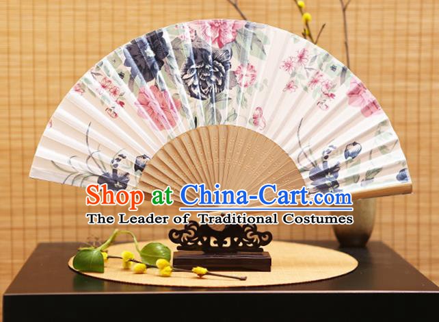 Traditional Chinese Crafts Folding Fans Printing Flowers White Silk Fan for Women