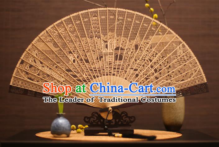 Traditional Chinese Crafts Sandalwood Pagoda Folding Fan Sandal Fans for Women