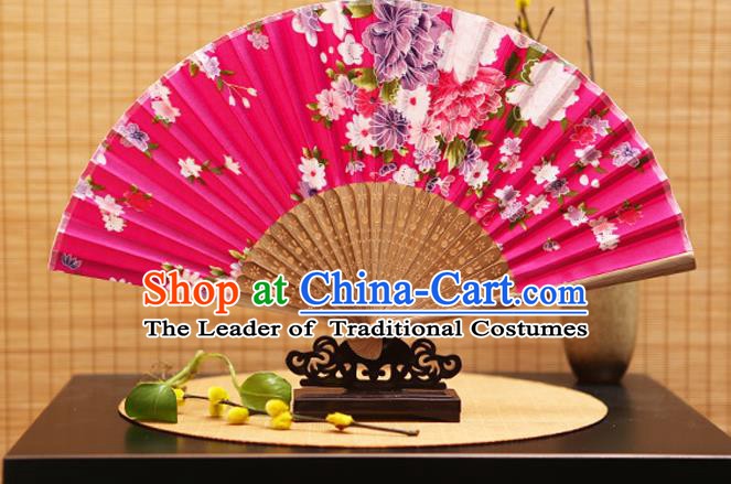 Traditional Chinese Crafts Folding Fans Printing Flowers Rosy Silk Fan for Women