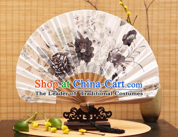 Traditional Chinese Crafts Shell Silk Folding Fan Ink Painting Peony Flowers Bamboo Fans for Women