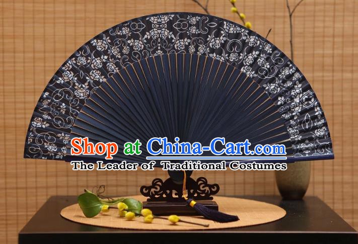 Traditional Chinese Crafts Printing Flowers Black Silk Folding Fan Sensu Fans for Women