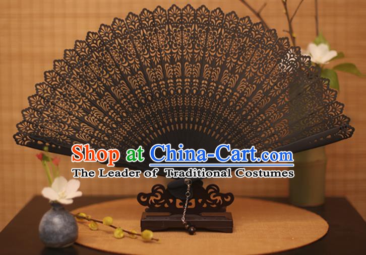 Traditional Chinese Crafts Black Folding Fan Hollow Out Bamboo Fans for Women