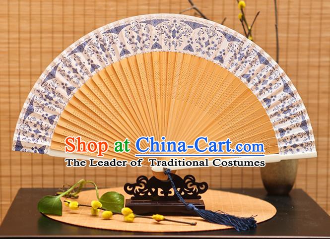 Traditional Chinese Crafts Blue Silk Folding Fan Sensu Fans for Women