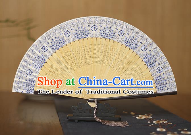 Traditional Chinese Crafts Blue and White Porcelain Silk Folding Fan Sensu Fans for Women