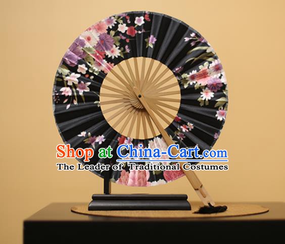 Traditional Chinese Crafts Printing Flowers Black Silk Folding Fan, China Beijing Opera Round Fans for Women