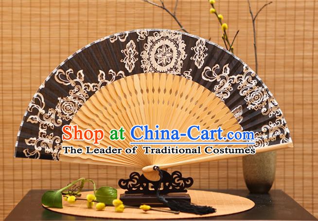 Traditional Chinese Crafts Printing Black Silk Folding Fan Sensu Fans for Women