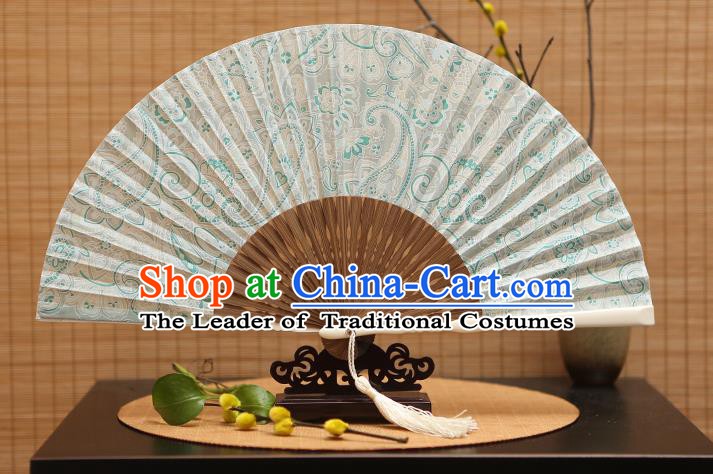 Traditional Chinese Crafts Printing Green Folding Fan, China Beijing Opera Silk Fans for Women