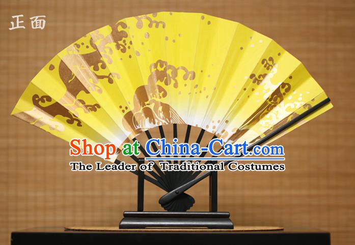 Traditional Chinese Crafts Printing Yellow Paper Folding Fan Sensu Fans for Women