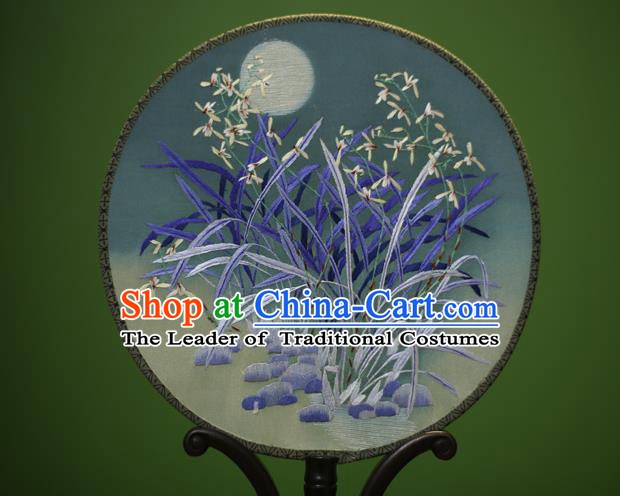 Traditional Chinese Crafts Embroidered Orchid Round Fan, China Palace Fans Princess Silk Circular Fans for Women