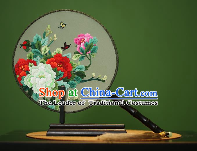 Traditional Chinese Crafts Embroidered Flowers Round Fan, China Palace Fans Princess Silk Circular Fans for Women