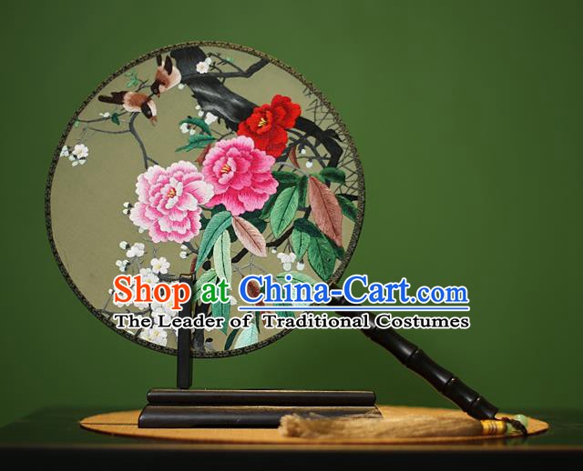 Traditional Chinese Crafts Embroidered Birds Peony Round Fan, China Palace Fans Princess Silk Circular Fans for Women