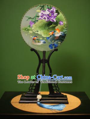 Traditional Chinese Crafts Embroidered Mandarin Duck Round Fan, China Palace Fans Princess Silk Circular Fans for Women