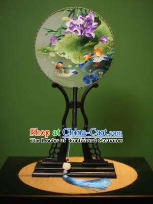 Traditional Chinese Crafts Embroidered Mandarin Duck Round Fan, China Palace Fans Princess Silk Circular Fans for Women