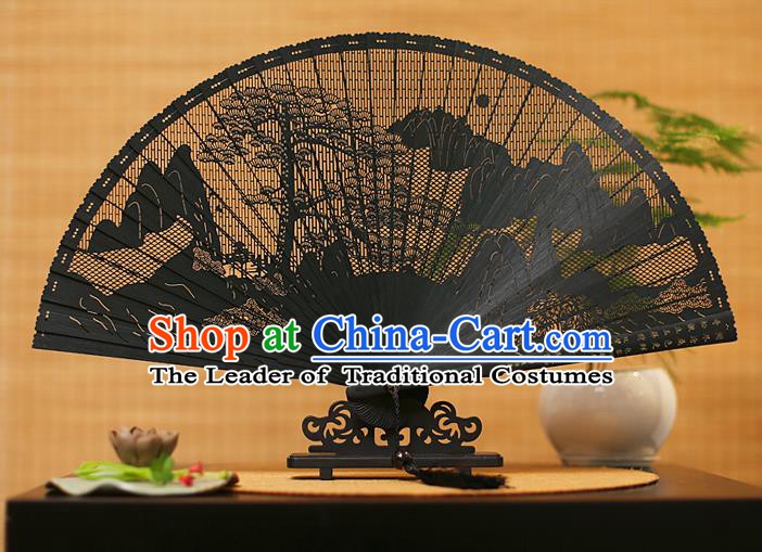 Traditional Chinese Crafts Black Sandalwood Folding Fan, Chinese Hollow Out Pine Fans Bamboo Fans for Women