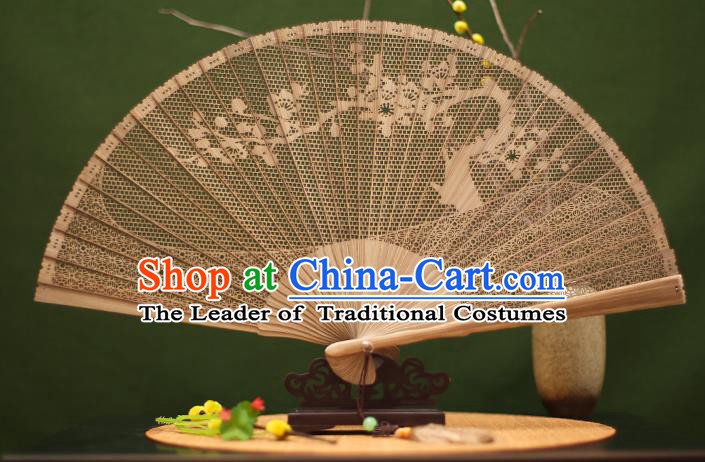 Traditional Chinese Crafts Sandalwood Folding Fan, Chinese Hollow Out Wintersweet Fans Bamboo Fans for Women