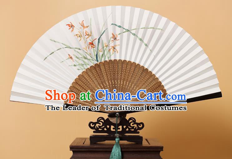 Traditional Chinese Crafts Hand Painting Orchid Folding Fan, China Handmade Xuan Paper Fans for Men