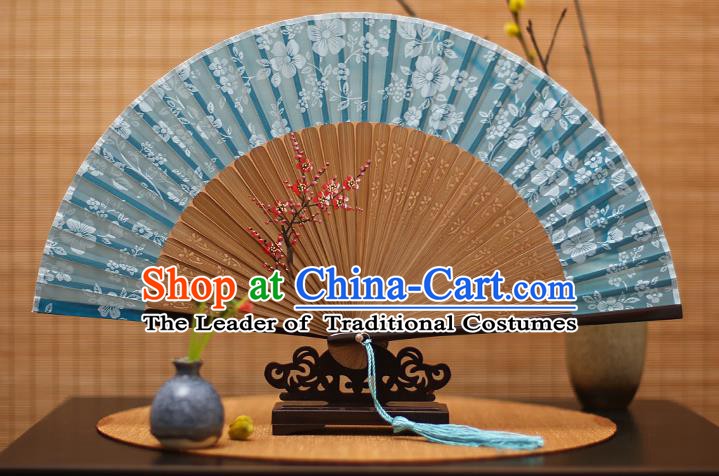 Traditional Chinese Crafts Folding Fan, China Printing Plum Blossom Blue Silk Fans for Women
