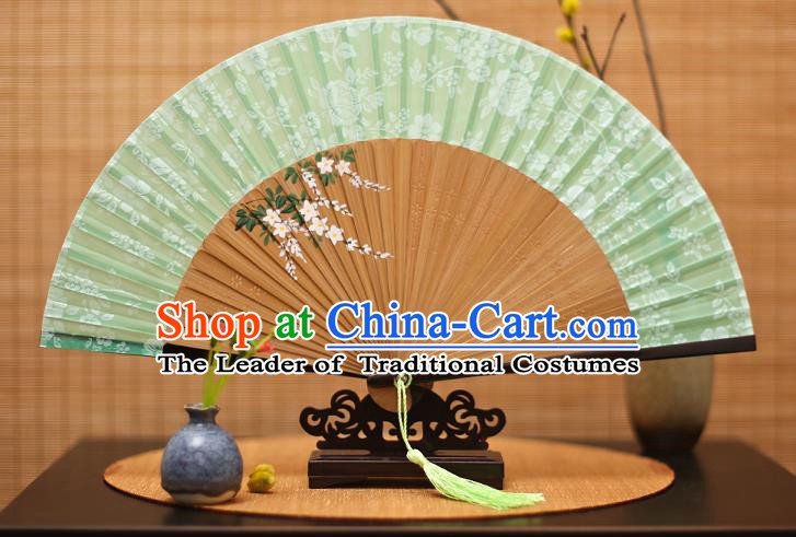 Traditional Chinese Crafts Folding Fan, China Printing Flowers Green Silk Fans for Women