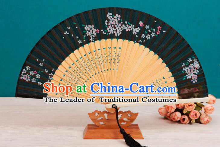 Traditional Chinese Crafts Folding Fan, China Printing Flowers Black Silk Fans for Women