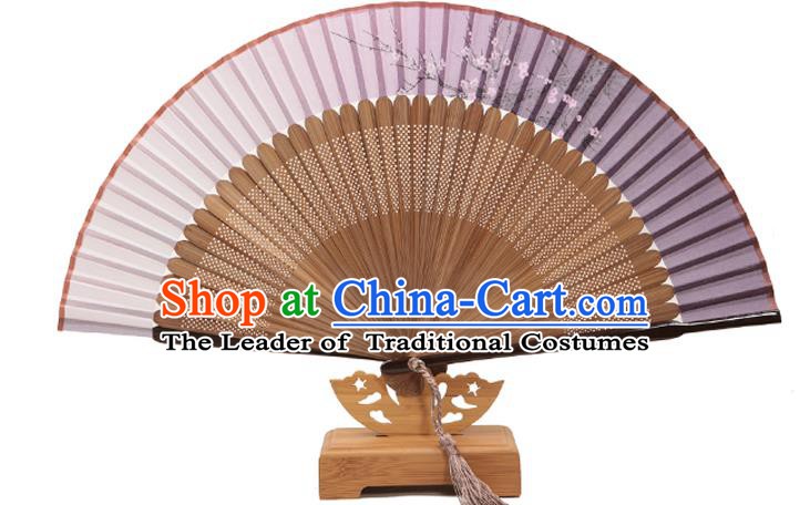 Traditional Chinese Crafts Folding Fan, China Printing Plum Blossom Lilac Silk Fans for Women