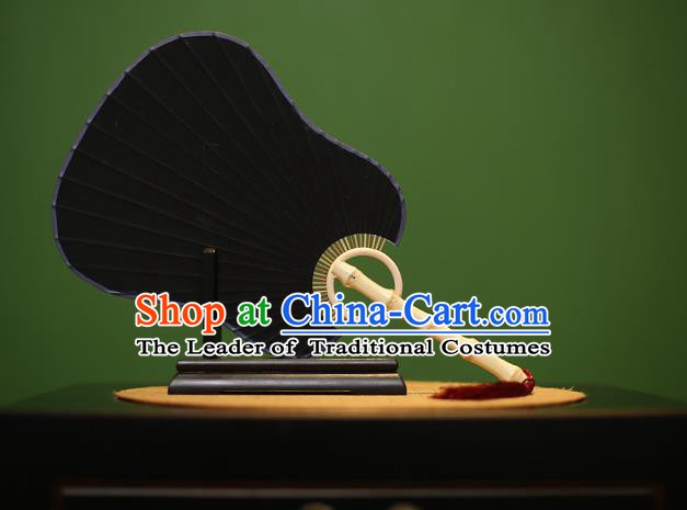 Traditional Chinese Crafts Black Palm-leaf Xuan Paper Fan, Chinese Art Paper Palace Fans Bamboo Handle Fans for Women