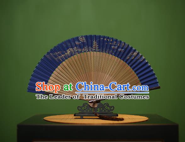 Traditional Chinese Crafts Hand Painting Leifeng Pagoda Blue Silk Folding Fan, China Handmade Bamboo Fans for Women