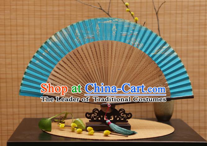 Traditional Chinese Crafts Hand Painting West Lake Blue Silk Folding Fan, China Handmade Bamboo Fans for Women