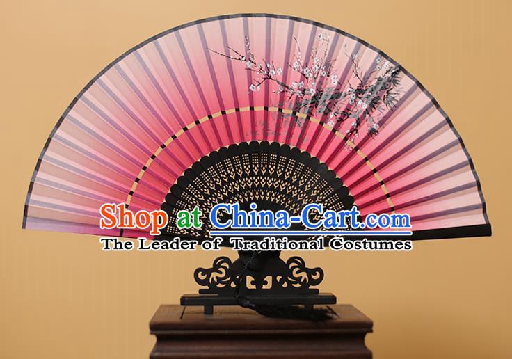 Traditional Chinese Crafts Printing Wintersweet Rosy Folding Fan, China Handmade Bamboo Fans for Women