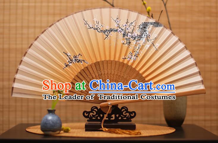 Traditional Chinese Crafts Printing Wintersweet Yellow Folding Fan, China Handmade Bamboo Fans for Women