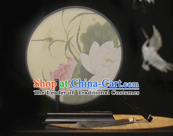 Traditional Chinese Crafts Printing Lotus Silk Round Fan, China Palace Fans Princess Circular Fans for Women