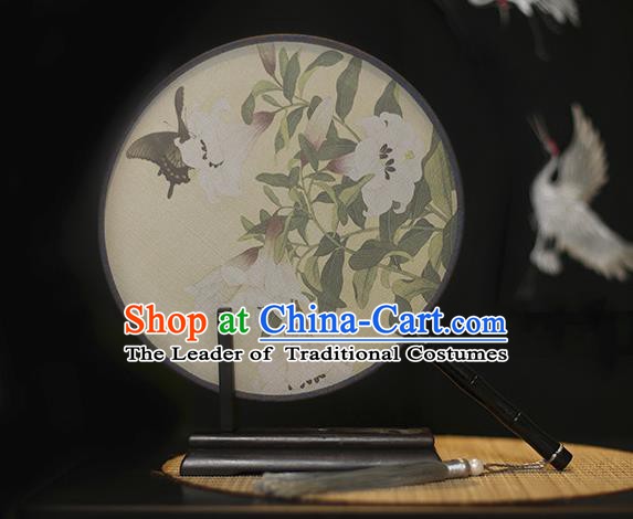 Traditional Chinese Crafts Printing Flowers Butterfly Silk Round Fan, China Palace Fans Princess Circular Fans for Women