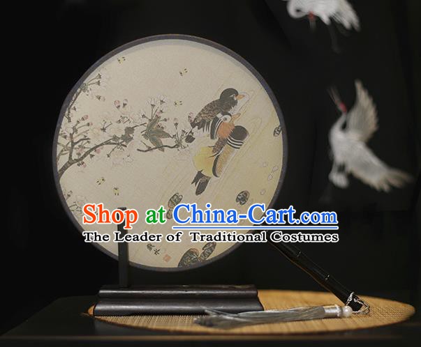 Traditional Chinese Crafts Printing Mandarin Duck Silk Round Fan, China Palace Fans Princess Circular Fans for Women