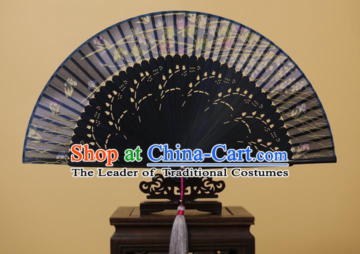 Traditional Chinese Crafts Printing Orchid Classical Folding Fan, China Handmade Navy Silk Fans for Women