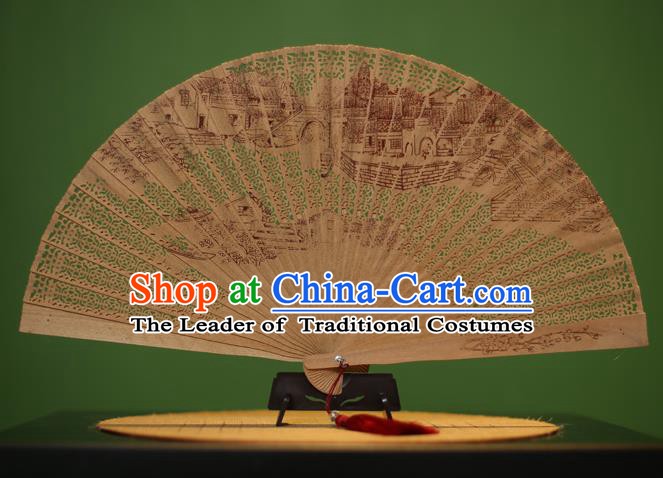 Traditional Chinese Crafts Sandalwood Folding Fan, China Handmade Carving Bridge Incienso Fans for Women