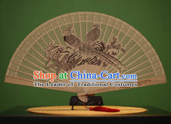 Traditional Chinese Crafts Sandalwood Folding Fan, China Handmade Carving Birds Incienso Fans for Women