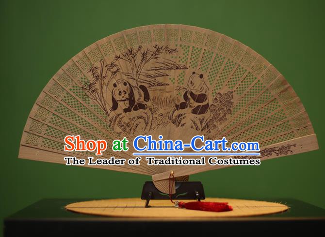 Traditional Chinese Crafts Sandalwood Folding Fan, China Handmade Carving Panda Incienso Fans for Women